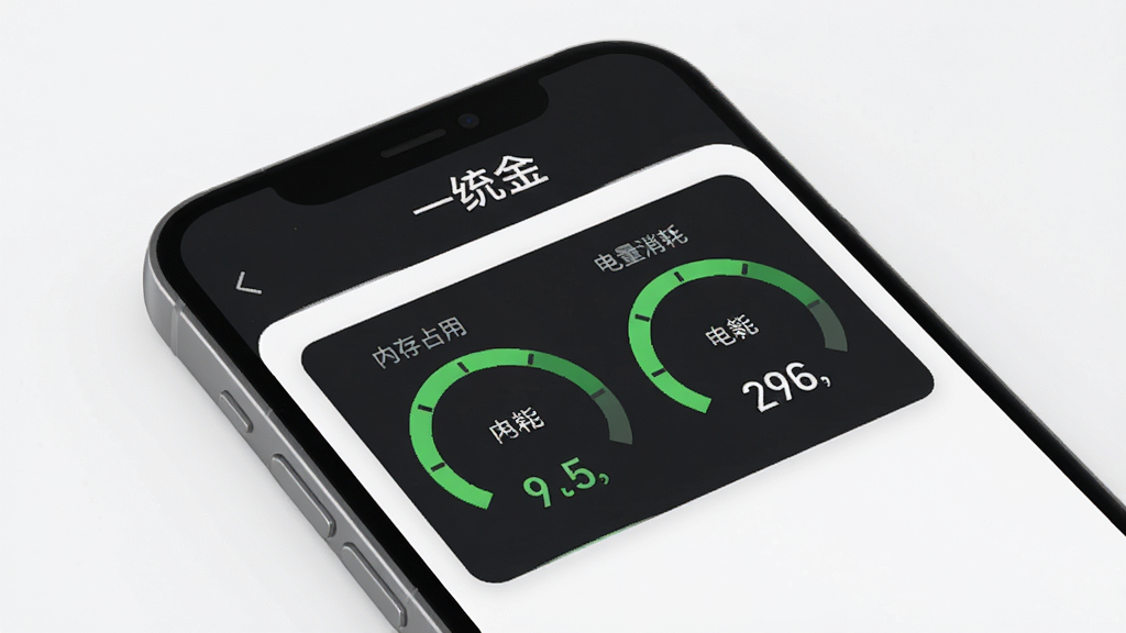 一统金轻量运行示意图,手机屏幕显示软件运行状态面板,内存占用与电量消耗指标以简洁仪表盘形式呈现,数值处于低位绿色区域,界面风格极简清爽,