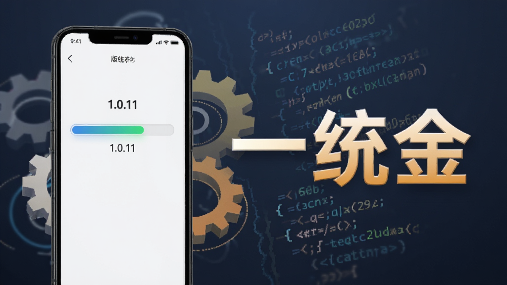 一统金版本更新维护示意图,画面展示手机屏幕中软件更新进度条与版本号