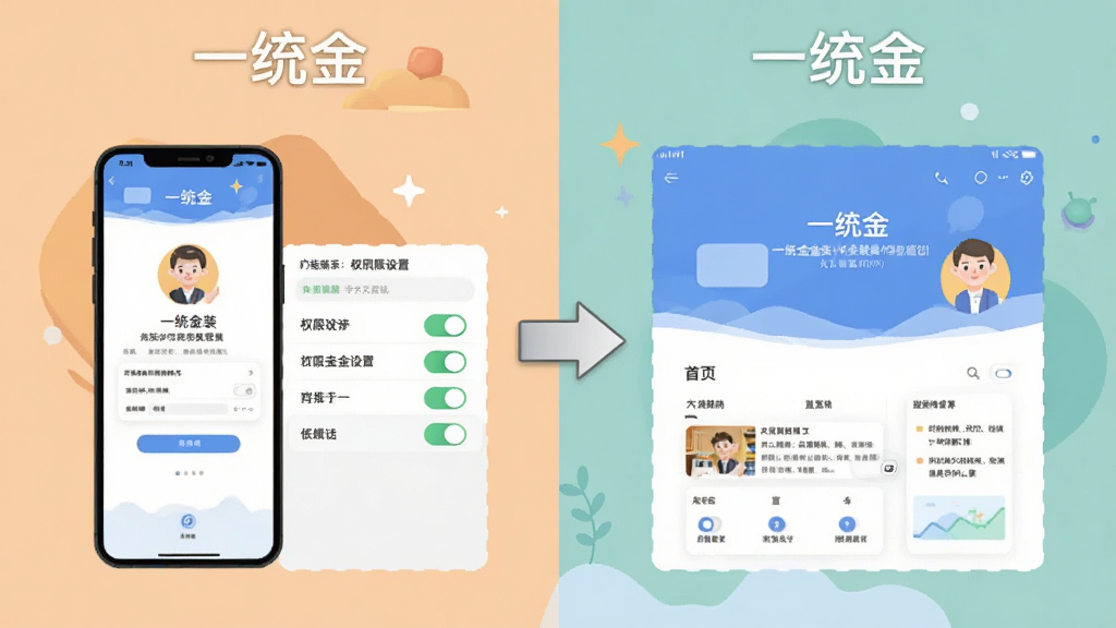 一统金新手安装操作指引图,画面分为左右两部分,左侧展示手机安装界面与权限设置开关,右侧展示软件成功启动后的首页画面,中间以箭头连接,顶部标注