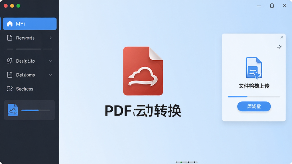 软件主界面全景展示,中央是PDF云转换的LOGO与名称,左侧为功能导航栏,右侧为文件拖拽上传区域,背景为简洁的浅蓝色渐变,风格清爽现代,细节包括图标、按钮、进度条,画质清晰,干净,无多余元素