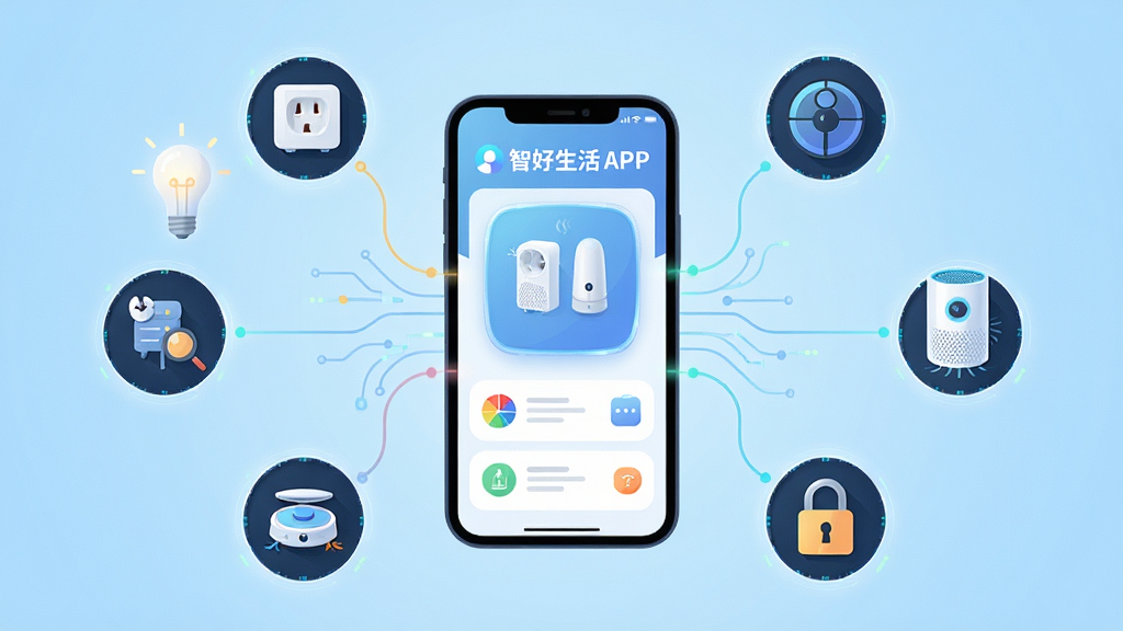 画面以智好生活APP界面为核心,展示多个智能设备图标环绕在手机屏幕周围,包括智能灯泡、智能插座、扫地机器人、空气净化器、智能门锁等,布局采用放射状构图,手机位于画面正中央,风格为扁平化科技插画风,细节包括设备图标带有轻微发光效果、连接线条细腻流畅、背景为浅蓝色渐变,画质为高清矢量风格,干净无多余元素