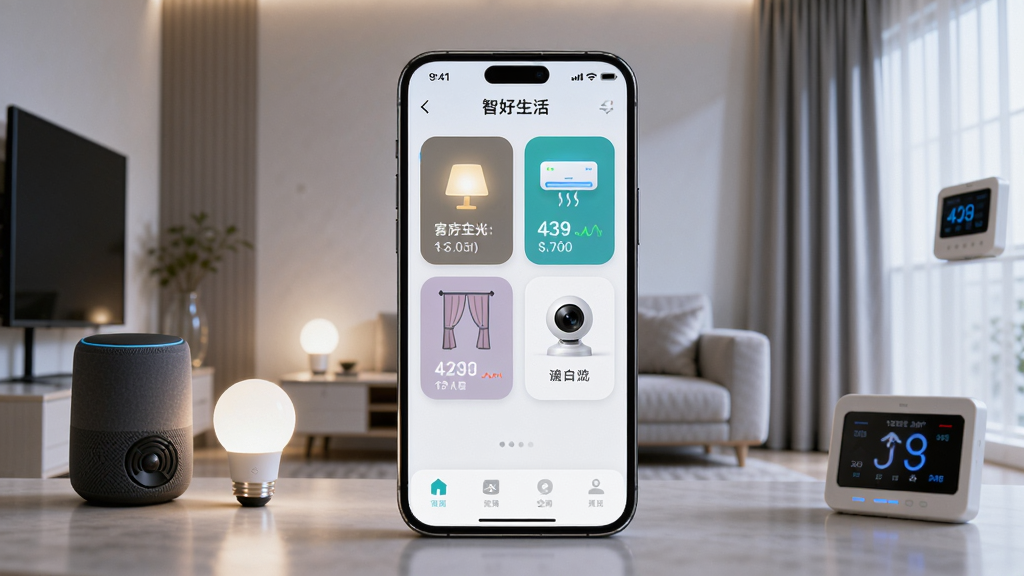 画面中央放置一部智能手机,屏幕显示智好生活APP主界面,界面中有客厅灯光、空调、窗帘、摄像头等设备卡片整齐排列,背景是现代简约风格的客厅场景,左侧有智能音箱和智能灯泡,右侧有智能窗帘和温控面板,整体布局采用中心对称构图,风格为写实科技风,细节包括设备图标发光、数据实时跳动、界面干净清爽,画质为4K高清,干净无多余元素