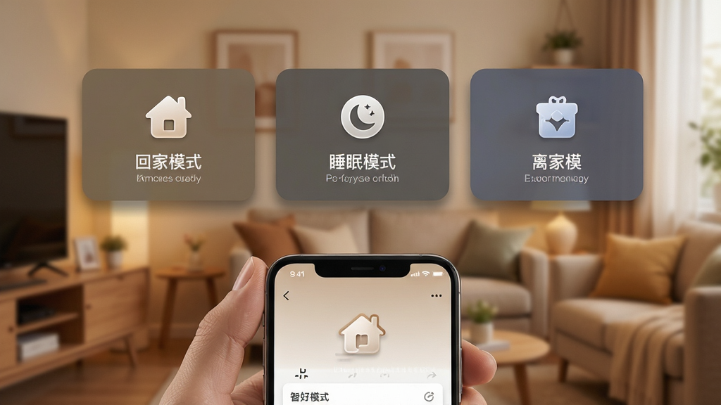 画面展示智好生活APP中的场景设置界面,屏幕中央显示回家模式、睡眠模式、离家模式等场景卡片,每个卡片配有对应图标和简短文字说明,背景为温馨的家居环境,布局采用上下分层结构,上方为场景卡片展示,下方为手机手持特写,风格为温暖写实风,细节包括场景卡片带有柔和阴影、图标精致、界面文字清晰可辨,画质为4K高清,干净无多余元素
