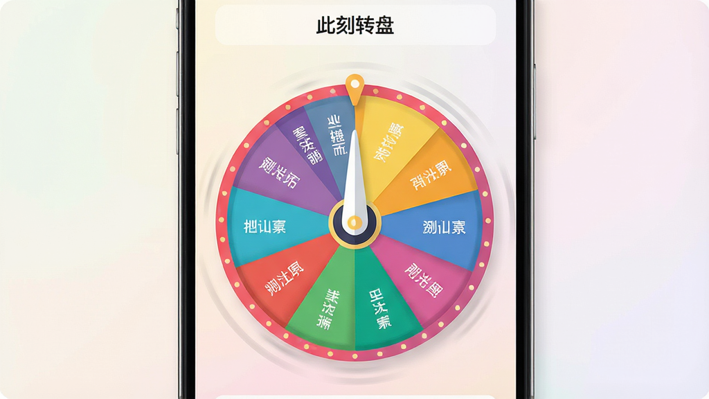 一张展示手机屏幕的图片,画面中央是一个色彩鲜艳的圆形转盘,转盘被均匀分为多个扇形区域,每个区域用不同颜色区分并标注着文字选项,转盘中心有一个醒目的指针正在旋转,背景是柔和的浅色渐变,手机界面简洁干净,顶部显示软件名称“此刻转盘”,整体风格为扁平化设计,细节精致,画质清晰,干净,无多余元素。