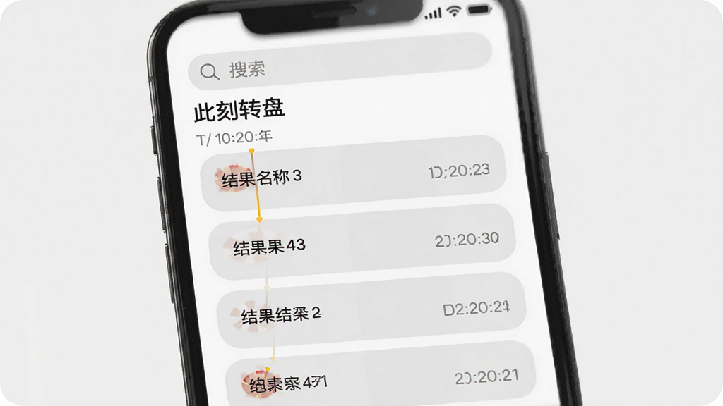 手机屏幕展示“此刻转盘”的历史记录页面,页面顶部有搜索框,下方按时间顺序排列着多条记录卡片,每条卡片显示转盘名称、结果和日期,卡片采用圆角设计,背景为浅灰色,整体排版整洁有序,风格简约商务,画质清晰,干净,无多余元素。