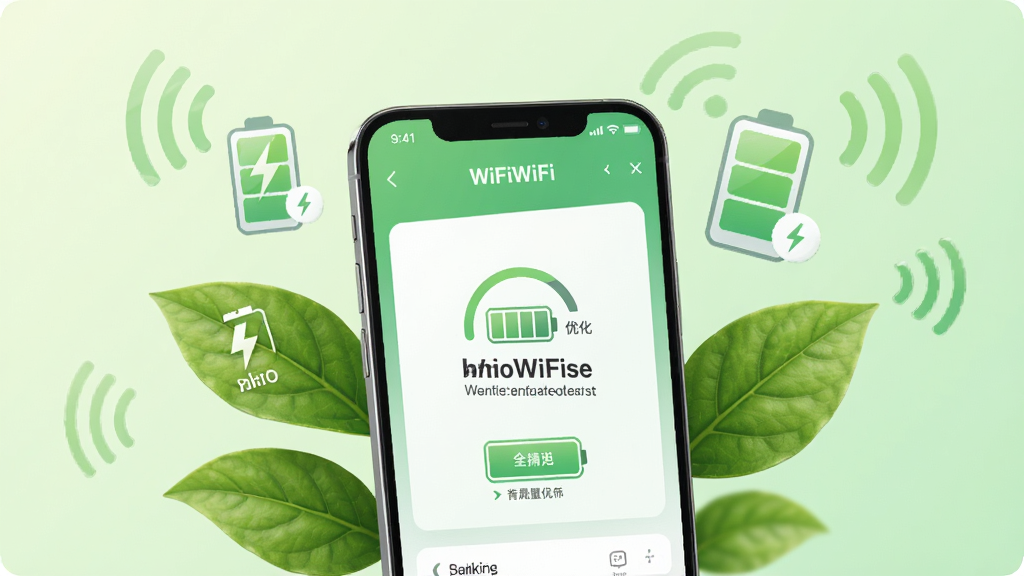 一幅体现万网WiFi密连免费轻量省电特点的创意图片,画面中一部手机周围环绕着绿叶与电池图标,手机屏幕显示软件界面与电量优化提示,背景为柔和的浅绿色渐变,风格清新自然,布局简洁明快,细节干净,无多余元素,整体传递出绿色节能的视觉感受