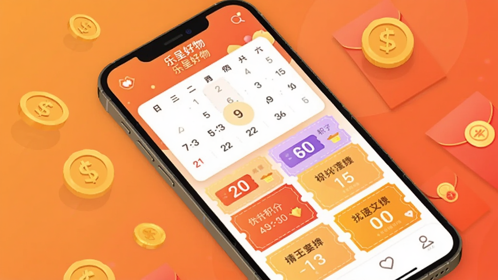 画面展示“乐呈好物”APP内的签到与优惠券中心页面,手机屏幕中可见日历签到区域、积分数字与多张彩色优惠券卡片。手机旁边散落金币与红包元素。布局采用斜向排列,手机倾斜放置于画面中央。风格为现代扁平化设计风格,色调以橙红与金色为主,细节丰富,画质干净无多余元素。