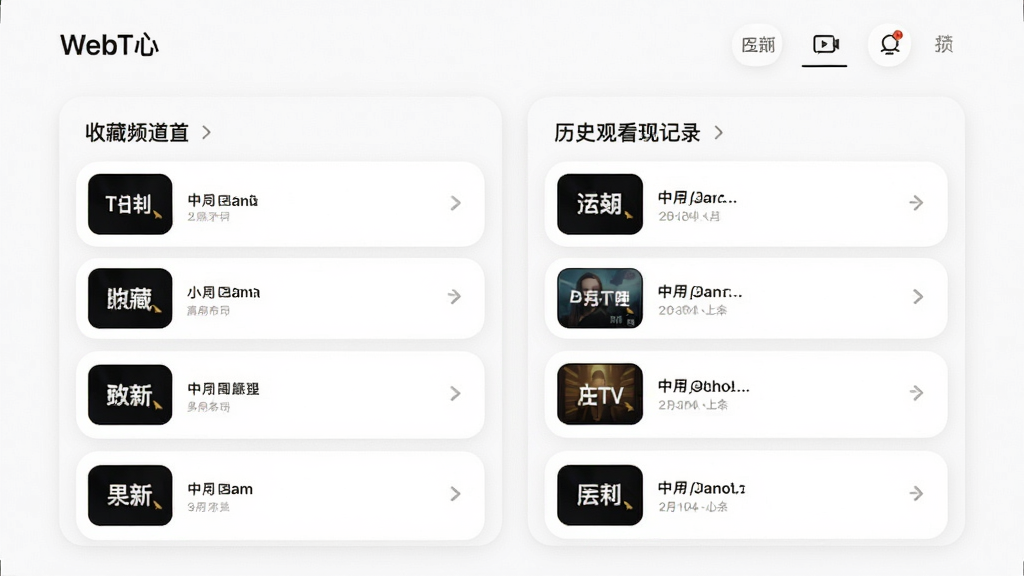 ����չʾWebTV�����ĸ�������ҳ�棬ҳ���ڰ����ղ�Ƶ���б�����ʷ�ۿ���¼������飬ÿ������Կ�Ƭ��ʽ���֣���Ƭ����Ƶ��ͼ������ơ�����Ϊ����ɫ�����Ϊ���¿�Ƭʽ��ƣ�ϸ�ڰ���Բ�Ǳ߿�͵���ɫ�ָ��ߡ����ʸɾ����Ű����룬�޶���װ�Ρ�