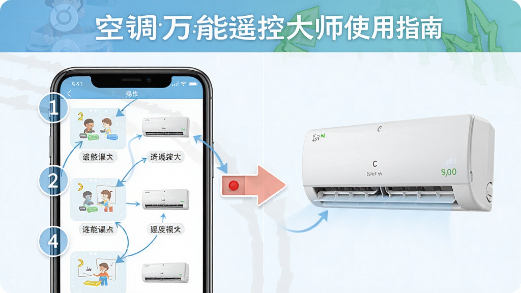 一张展示空调万能遥控大师使用指南的图片,画面中一部手机屏幕显示软件的操作步骤图文教程,旁边有箭头指向手机红外口和空调,布局为左右分栏,风格为清新教学图解,细节上步骤数字用圆形图标标注,画质高清,画面干净整洁