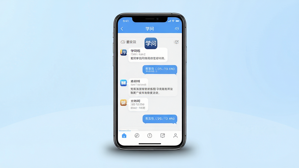 学问软件主界面展示,主体为一个智能手机屏幕,屏幕中央显示学问应用的对话式问答界面,界面中包含历史知识问答示例,布局为居中构图,手机下方有柔和阴影,排版简洁清晰,风格为现代科技感UI展示风格,细节包括屏幕内文字清晰可见显示“学问”二字和应用图标,背景为浅蓝色渐变,画质高清,干净,无多余元素