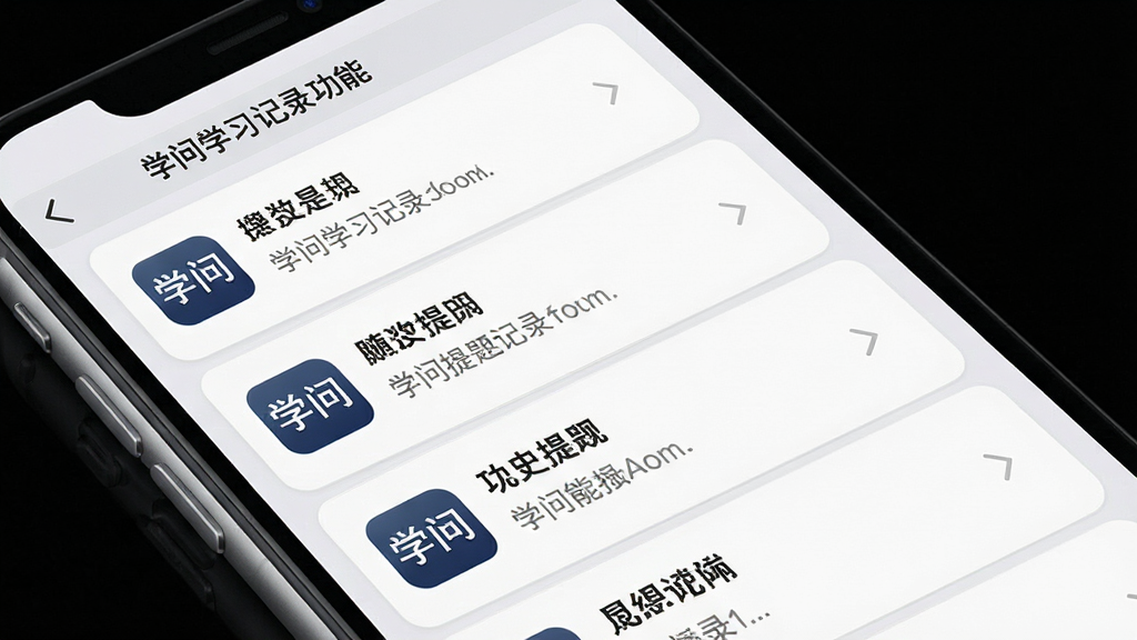 学问学习记录功能界面,主体为手机屏幕展示历史提问列表,布局为竖向列表排列,排版清晰整齐,风格为清新简约卡片式设计风格,细节包括每条记录前有“学问”应用的小图标,列表项有浅灰色分割线,背景为淡灰色,画质高清,干净,无多余元素
