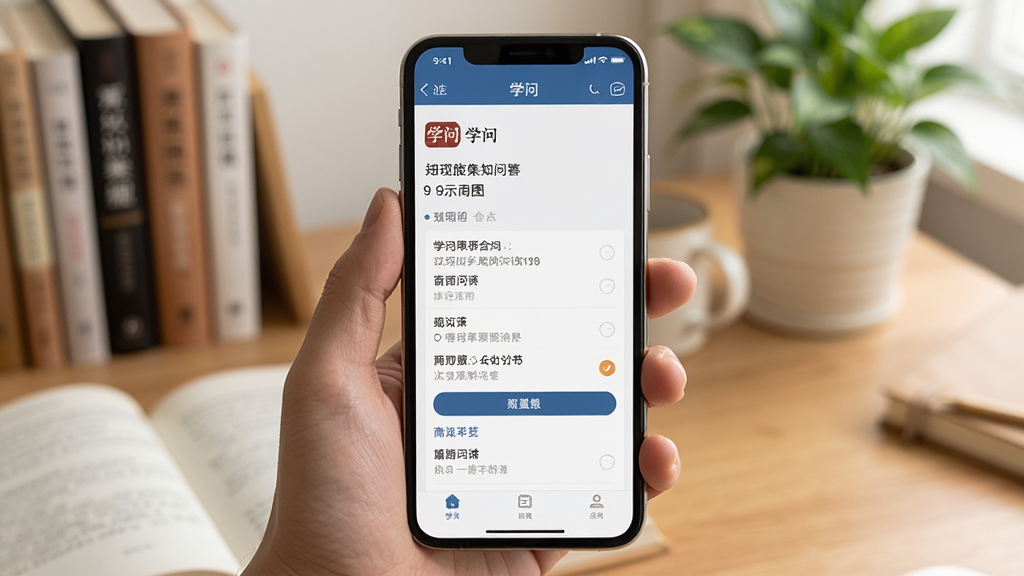 学问移动端使用操作示意图,主体为一只手拿着手机展示学问应用界面,布局为手机屏幕占据画面中心,排版为竖版构图,风格为生活化实拍风格,细节包括手机屏幕上清晰显示“学问”应用的知识问答页面,背景为温馨的书桌环境有书本和绿植,画质高清,干净,无多余元素