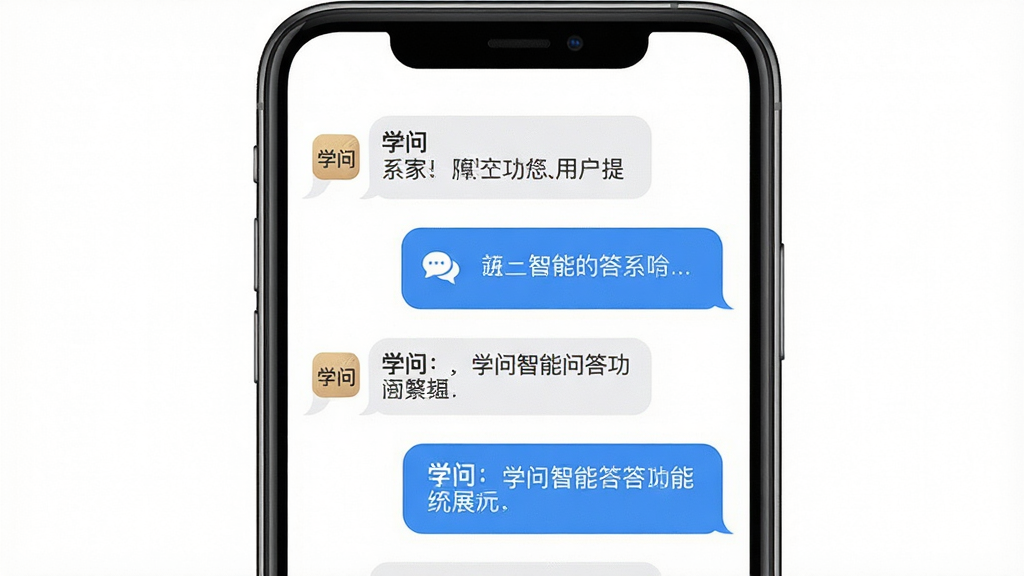 学问智能问答功能展示图,主体为手机屏幕显示问答对话界面,布局为上方用户提问下方系统回答的对话气泡形式,排版为居中竖向排列,风格为扁平化UI设计风格,细节包括对话气泡中文字清晰显示“学问”应用名称和问答内容,背景为纯白色,画质高清,干净,无多余元素