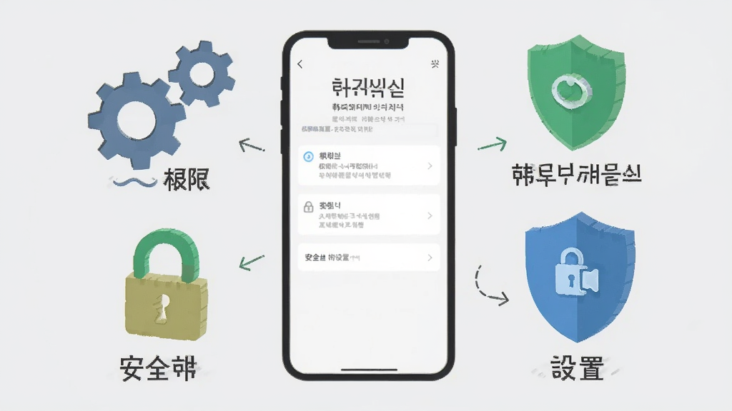 一张展示韩语翻译通新手使用注意事项的示意图,画面中央是一部手机,手机屏幕显示权限设置界面,手机周围环绕着齿轮、锁、盾牌等图标,分别代表权限、安全和设置,背景是浅灰色,风格扁平化,画质清晰,干净无多余元素