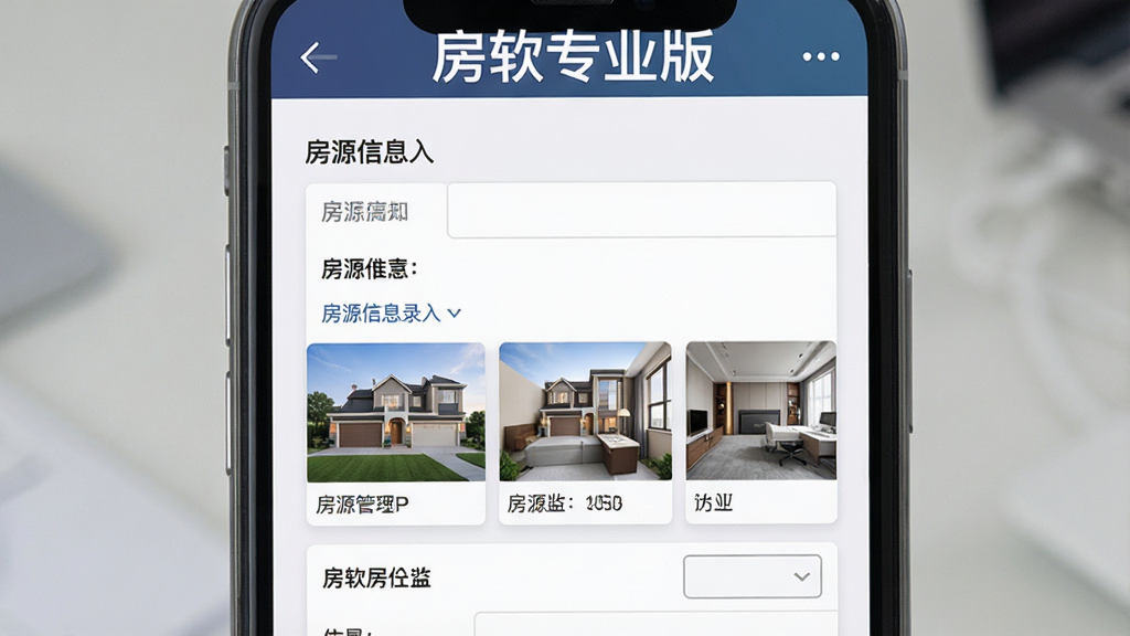 一张展示房软专业版房源管理功能的图片,画面为手机屏幕特写,屏幕内显示房源信息录入表单与房源图片缩略图,表单字段清晰可见,布局整齐,风格简洁商务,画质干净,无多余元素,屏幕上方有“房软专业版”字样