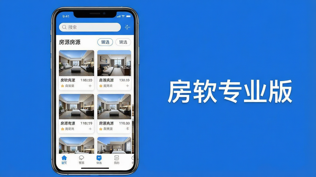 一张展示房软专业版软件主界面的手机应用截图风格图片,画面中央是一部竖屏智能手机,屏幕内显示房源列表与管理面板,布局整洁,上方有搜索栏与筛选按钮,中部为房源卡片列表,底部为功能导航栏,风格现代简约,细节清晰,画质干净,无多余元素,屏幕旁可放置“房软专业版”文字标识,整体色调以蓝白为主,适合软件下载站展示