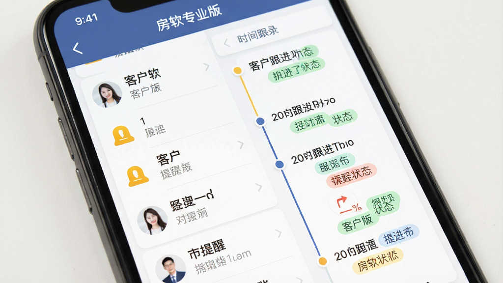 一张展示房软专业版客户跟进界面的图片,手机屏幕内显示客户列表与跟进记录时间线,包含提醒图标与状态标签,布局清晰,风格现代简约,画质干净,无多余元素,屏幕内可见“房软专业版”文字