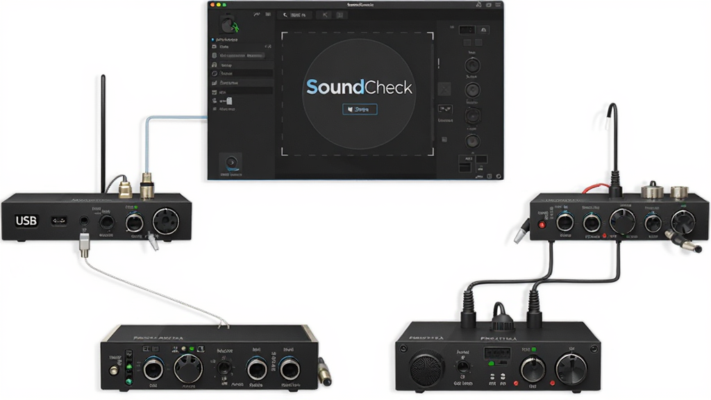 一张展示 SoundCheck 软件与多种音频硬件连接兼容的示意图,主体为软件界面与音频接口设备并列,布局为居中排列,排版简洁,风格为产品兼容性展示图,细节包含 USB 音频接口、数据采集卡、麦克风前置放大器,画质高清,干净,无多余元素