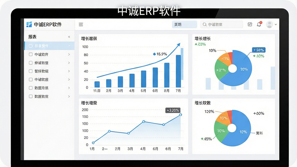 一张数据分析看板界面示意图,画面主体是显示柱状图、折线图与饼图的电脑屏幕,屏幕上方标注