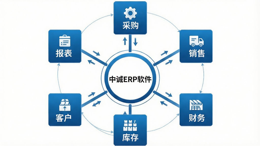 一张企业ERP系统模块关系示意图,画面中心是写有