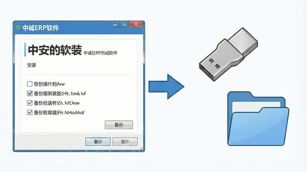 一幅电脑软件安装与数据备份操作示意图,画面左侧是写有