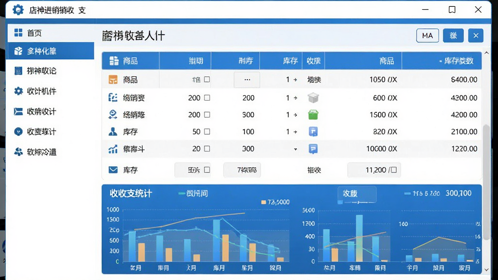 一张展示店神进销存(收支)一体化软件主界面的产品全貌图,画面中央是软件主窗口,左侧为功能导航栏,右侧显示商品列表与库存数量,底部有收支统计图表,整体布局清晰,采用蓝白商务配色,风格简洁专业,细节包括菜单按钮、数据表格、小图标,画质高清,干净,无多余元素