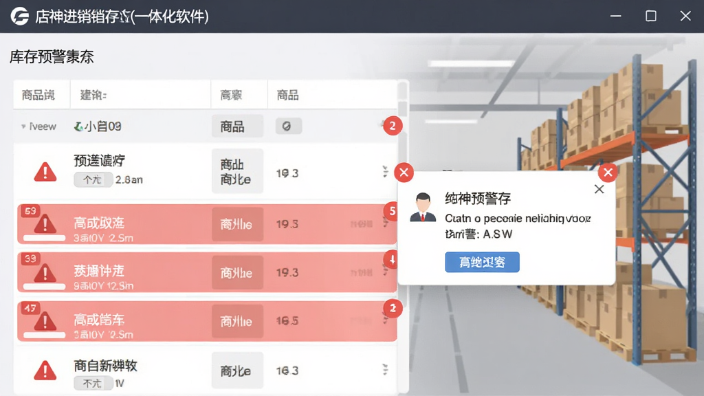 店神进销存(收支)一体化软件库存预警界面,画面显示商品列表中有几行被红色高亮标记,旁边弹出预警提示框,背景是仓库货架简图,风格为现代商务软件截图,细节有数字角标、警告图标,画质高清,干净,无多余元素