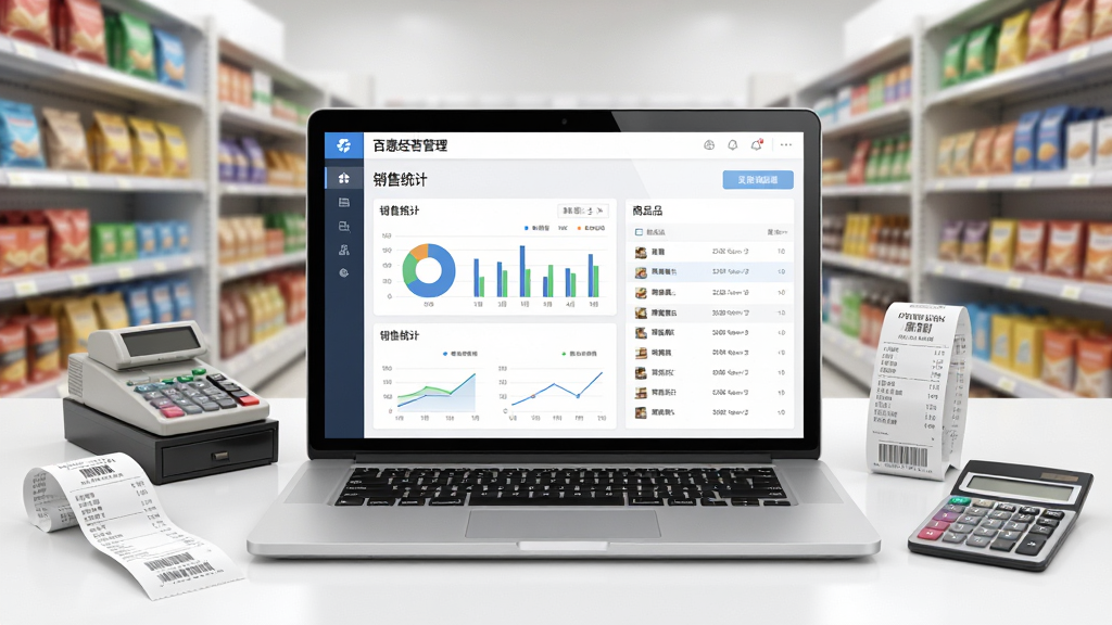 一张展示百惠经营管理系统专业版软件主界面的全貌图,画面中央是一台打开的笔记本电脑,屏幕上显示着百惠经营管理系统的仪表盘,包含销售统计图表和商品列表,周围环绕着商品货架、收银小票、计算器等商务元素,布局采用中心放射式构图,排版干净整齐,风格为现代简约商务风,细节上屏幕反光柔和、图标清晰,画质为高清2K,画面干净无多余元素