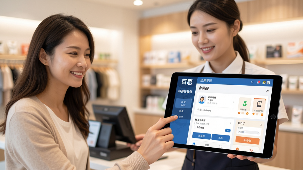 一张展示百惠经营管理系统专业版会员营销功能的宣传图,画面主体是一位店员正在使用平板电脑为顾客办理会员注册,平板屏幕上显示百惠经营管理系统的会员信息与积分界面,背景是整洁的零售店铺,布局采用人物中景加背景虚化,排版突出平板屏幕内容,风格为明亮温馨的商业摄影感,细节上顾客微笑、屏幕图标清楚,画质为高清4K,画面干净无多余元素