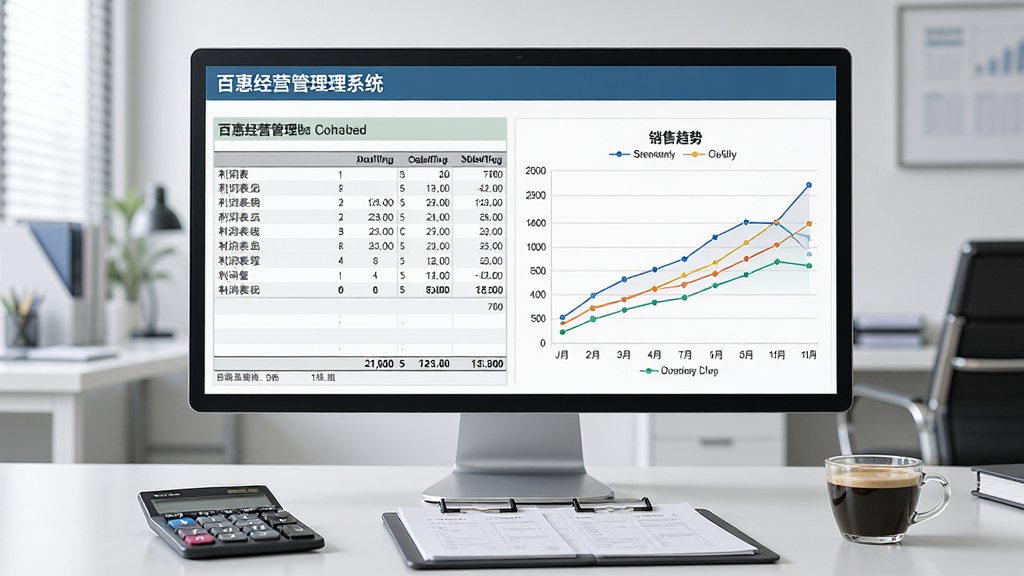 一张表现百惠经营管理系统专业版财务报表功能的图片,画面中央是一块大尺寸显示器,屏幕上展示着百惠经营管理系统的利润表和销售趋势折线图,屏幕前方桌面上摆放着计算器、票据夹和一杯咖啡,布局采用正面平视视角,排版以屏幕内容为视觉中心,风格为现代办公写实风,细节上图表线条流畅、数字清晰,画质为高清2K,画面干净无多余元素