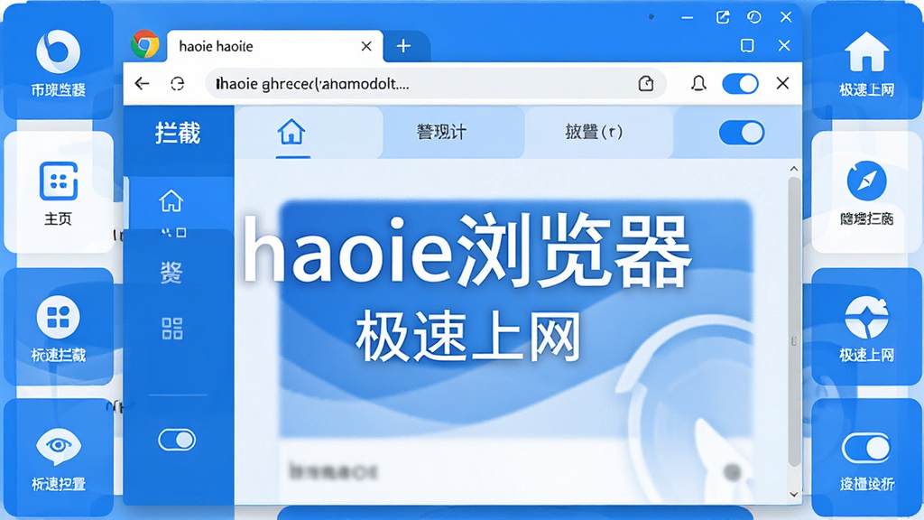 主体是haoie浏览器软件界面全景展示,布局为居中大图加四周功能小图环绕,排版采用上下分区结构,风格为清爽科技蓝白配色,细节包含地址栏、多标签页、导航主页与广告拦截开关图标,画面中文字标注
