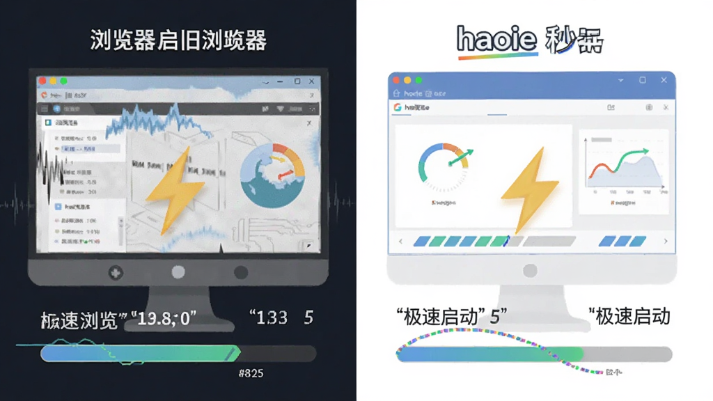 主体是haoie浏览器启动速度对比示意,布局为左右分栏左侧旧浏览器卡顿右侧haoie浏览器秒开,排版带速度数值标注,风格为扁平化科技插画,细节包含闪电图标与进度条,画面中文字标注