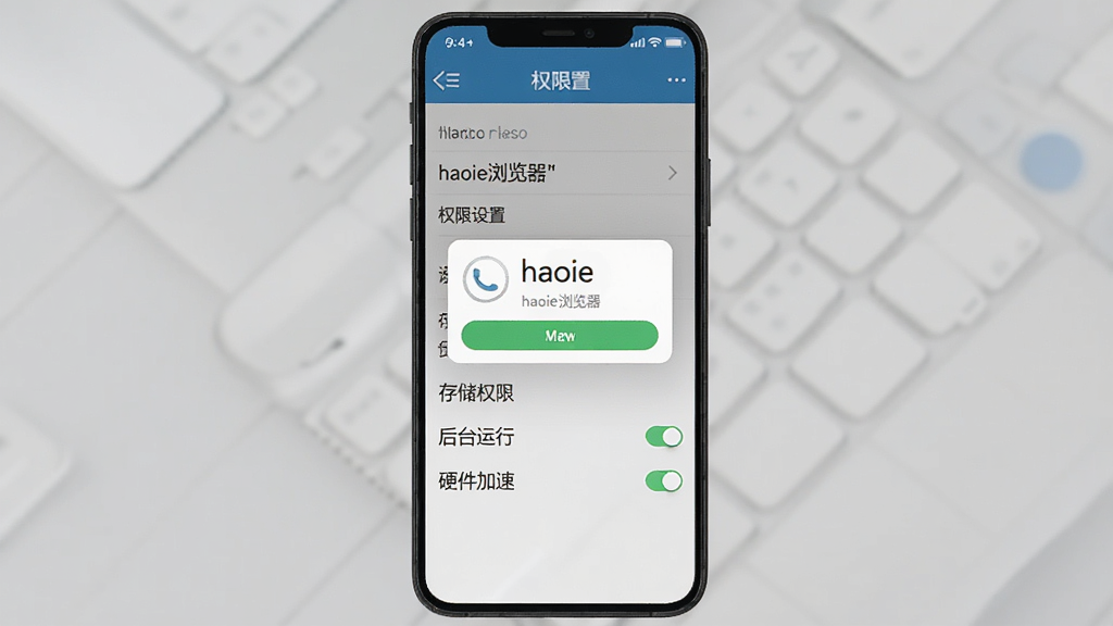 主体是haoie浏览器安装与权限设置界面,布局为手机屏幕展示权限弹窗与设置选项,排版竖向排列,风格为写实UI截图风,细节包含存储权限、后台运行与硬件加速开关,画面中文字标注