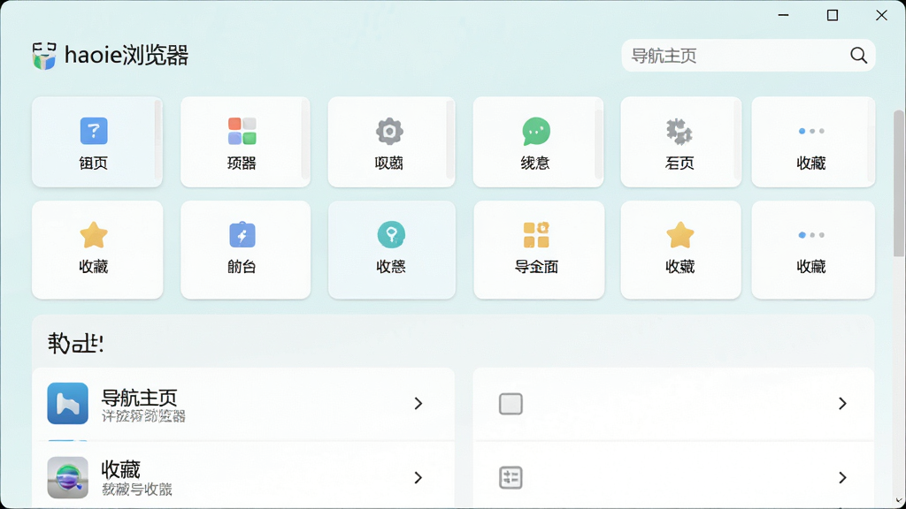 主体是haoie浏览器导航主页与收藏夹界面,布局为上方导航宫格下方收藏列表,排版整齐分栏,风格为清新浅色卡片式设计,细节包含分类图标与搜索框,画面中文字标注
