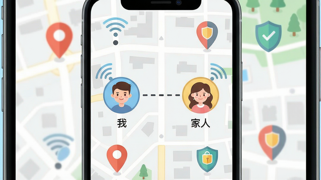 一张手机屏幕展示地图界面,画面中央是两个卡通头像图标通过一条虚线连接,分别标注“我”和“家人”,周围环绕着城市街道与定位标记,整体布局简洁清晰,采用扁平化插画风格,细节上包含信号波纹与安全盾牌元素,画质干净明亮,无多余元素,图片中文字“手机定位互查”