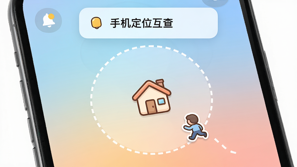 一张手机界面截图,画面中显示一个圆形安全区域范围,范围中心是一栋卡通房子图标,边缘有虚线圆圈,范围外有一个小人图标正在靠近,界面顶部有提醒弹窗,整体风格柔和圆角,布局清晰,细节上包含铃铛提醒图标与柔和渐变背景,画质干净,无多余元素,图片中文字“手机定位互查”