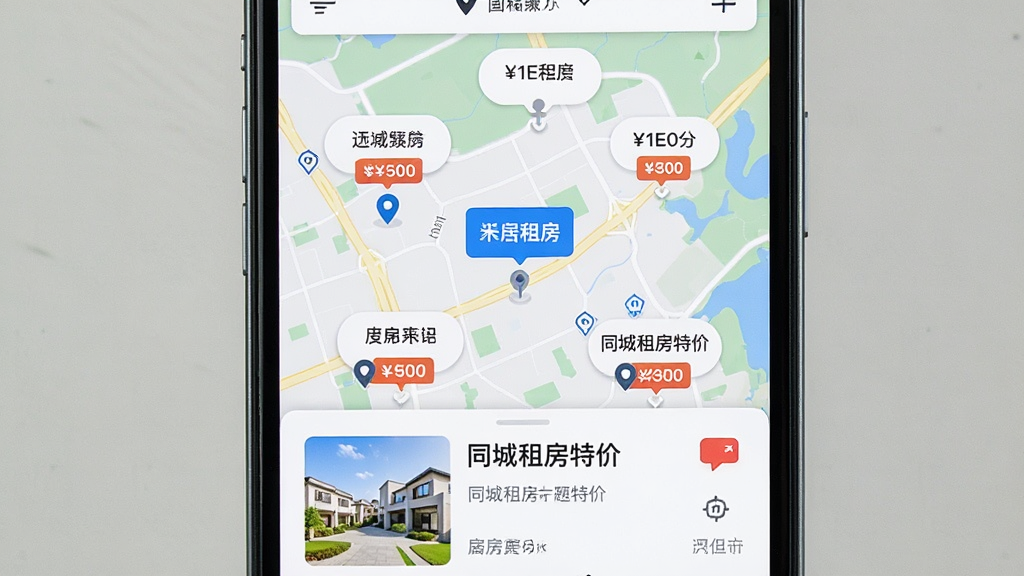 手机屏幕显示地图找房界面,地图上标注多个房源价格气泡,底部弹出房源详情卡片,画面中有“同城租房特价”文字标识,主体为手机与地图界面,布局居中,风格清新简约,细节包含定位图标和价格标签,画质高清,干净无多余元素