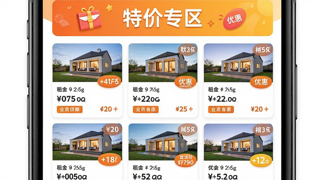 手机应用内特价房源列表页面,页面顶部有“特价专区”横幅,下方排列多张房源卡片,每张卡片包含房屋图片、租金价格和优惠标签,主体为手机屏幕,布局纵向排列,风格明亮活泼,细节突出价格数字和折扣标识,画质高清,干净无多余元素