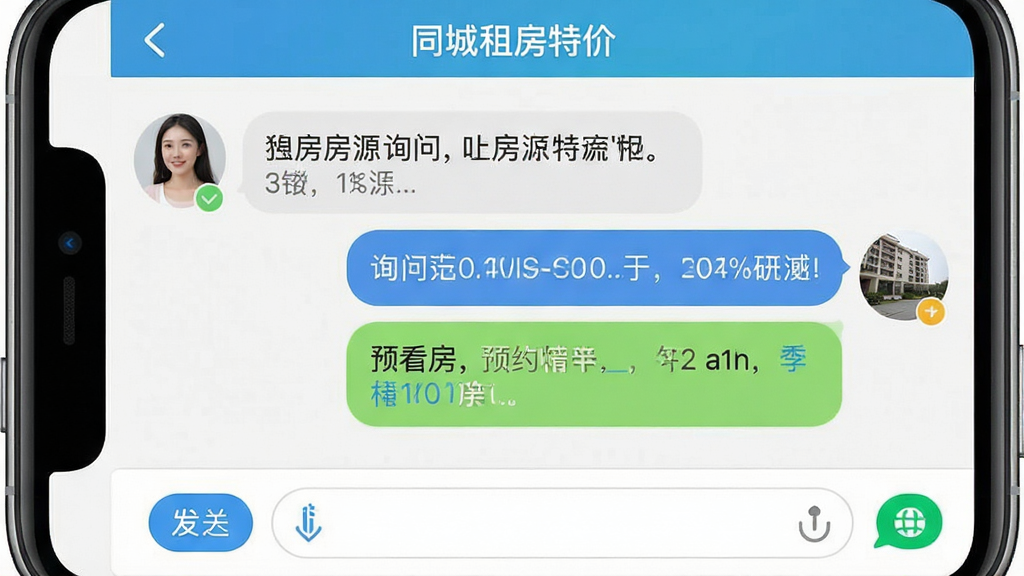 手机聊天界面截图,显示用户与房东的对话气泡,内容涉及询问房源和预约看房,顶部显示“同城租房特价”应用名称,主体为手机屏幕,布局为聊天窗口,风格简洁友好,细节包含发送按钮和输入框,画质高清,干净无多余元素