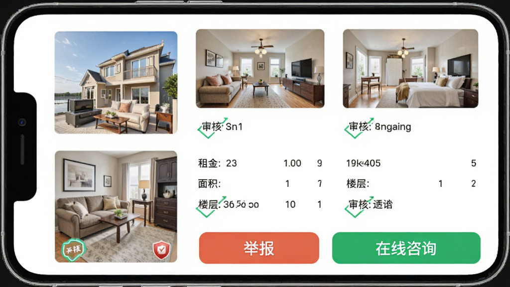 手机应用房源详情页,页面展示房屋照片、租金、面积、楼层等信息,底部有“举报”按钮和“在线咨询”按钮,主体为手机屏幕,布局为信息卡片式排列,风格干净规整,细节突出审核标识和房源编号,画质高清,干净无多余元素