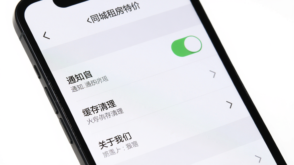 手机屏幕显示“同城租房特价”APP的设置页面,包含通知开关、缓存清理、关于我们等选项,主体为手机界面,布局为列表式设置项,风格简洁明了,细节突出开关按钮和文字说明,画质高清,干净无多余元素