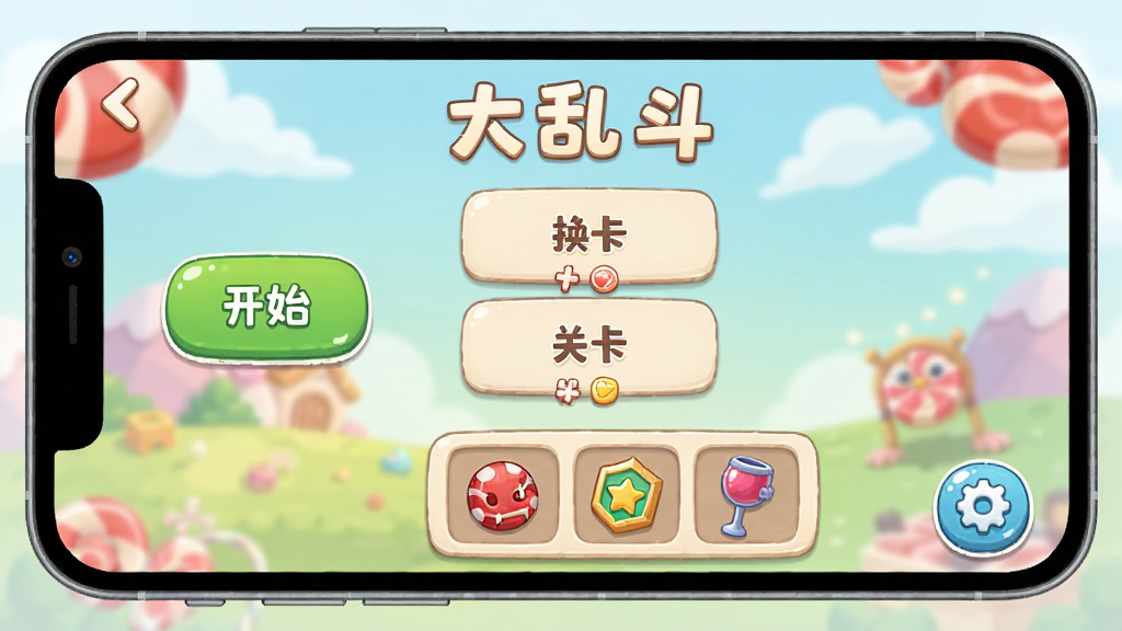 一幅糖果大乱斗新手操作界面的示意图,画面展示手机屏幕中游戏主界面,包含开始按钮、关卡选择、道具栏和设置图标,界面布局清晰,风格卡通明快,色彩柔和,画质干净,适合作为操作指引配图