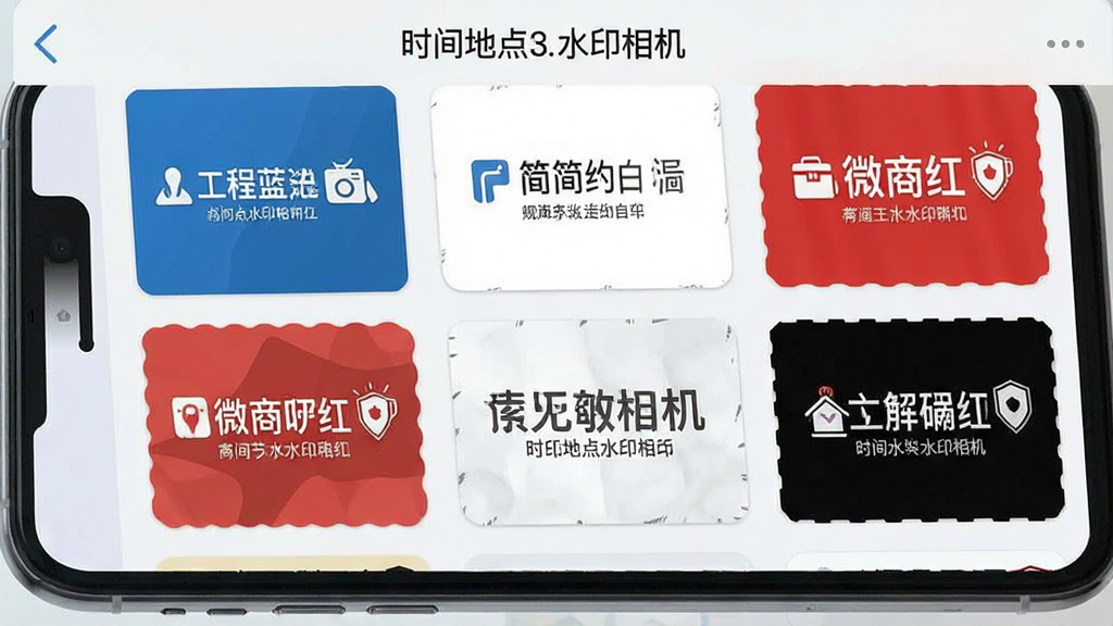 一张展示“时间地点水印相机”应用内水印模板选择界面的图片,屏幕上排列着多个不同风格的水印缩略图,如工程蓝、简约白、微商红等,画面主体是手机界面,布局为网格状排列,风格为清新浅色,细节包含每个模板上的示例文字和图标,画质清晰,干净,无多余元素