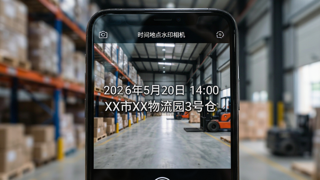 一张特写照片,展示手机屏幕上的“时间地点水印相机”拍摄界面,画面中心是一个室内仓库场景,水印文字清晰显示“2026年5月20日 14:00”和“XX市XX物流园3号仓”,主体是手机和屏幕内容,布局居中,排版突出水印信息,风格为现代简约,细节包含屏幕反光、水印字体边缘锐利,画质高清,干净,无多余元素