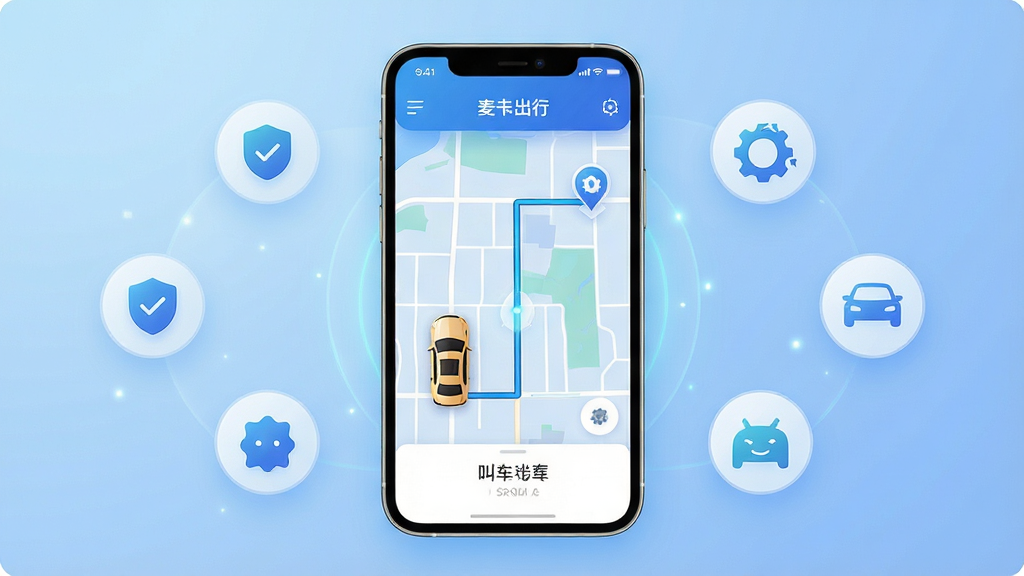 一张展示麦卡出行手机应用主界面的概念图,画面中央是一部现代智能手机,屏幕显示着麦卡出行APP的地图叫车界面,地图上有车辆图标和路线规划,手机周围环绕着代表安全、便捷、舒适的抽象图标,整体布局简洁明了,排版采用居中构图,风格为现代科技感,细节上手机屏幕有轻微的UI发光效果,背景为柔和的渐变蓝色,画质高清,画面干净,无多余元素