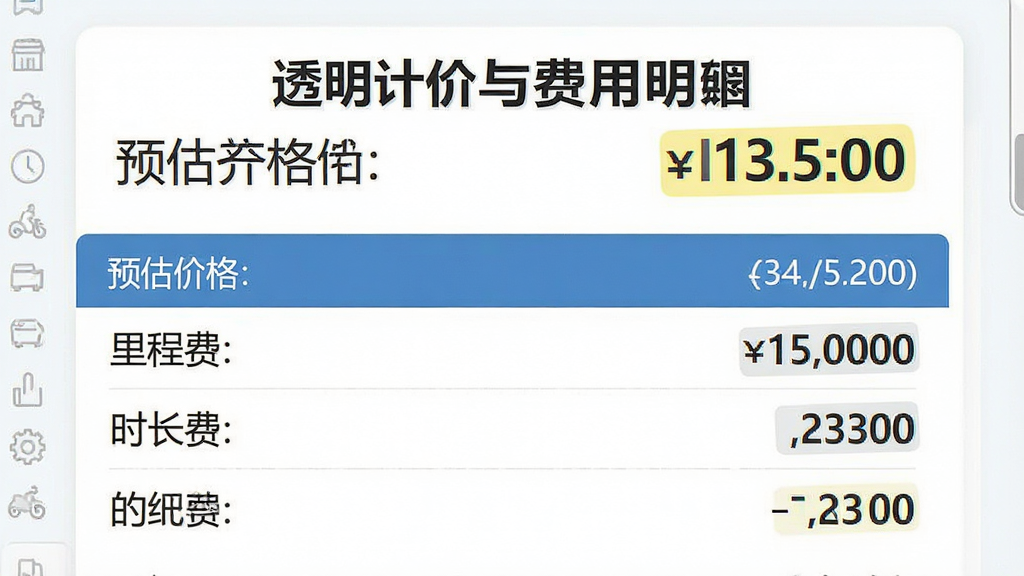 一幅关于透明计价与费用明细的视觉图,画面主体是一个清晰的价格清单界面,上方显示预估价格,下方列出里程费、时长费等明细,布局采用上下结构,排版简洁,风格为商务简约,细节上数字部分有高亮显示,背景为白色,画质清晰,画面干净,无多余元素