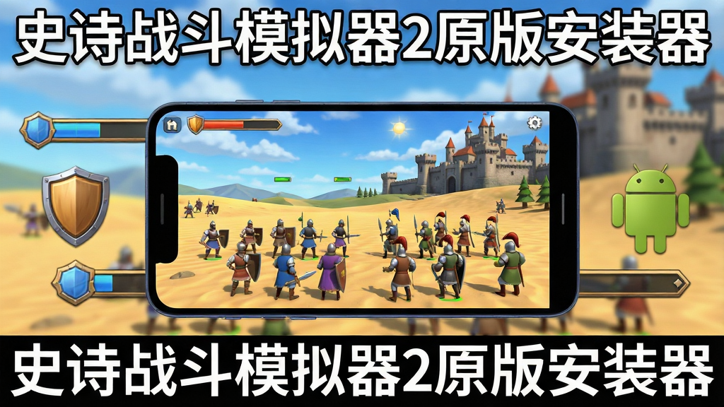 一张展示史诗战斗模拟器2原版安装器核心全貌的场景图,画面中央放置一部安卓手机,手机屏幕上显示游戏主界面,界面中有多个不同颜色的兵种单位分布在沙地战场上,背景是蓝天白云和远处的中世纪城堡,手机周围环绕着安装进度条、盾牌图标和安卓机器人标志,整体采用明亮的3D渲染风格,画面干净整洁,文字标注“史诗战斗模拟器2原版安装器”,画质清晰,无多余元素