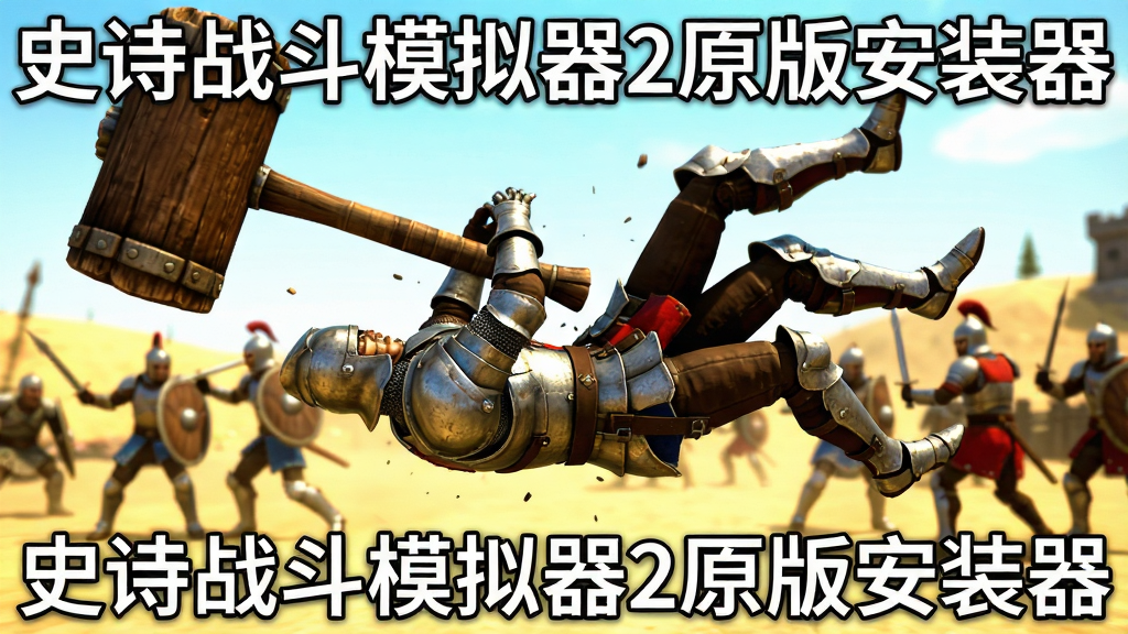 一张展示史诗战斗模拟器2原版安装器中物理引擎战斗效果的图片,画面中一名身穿盔甲的士兵被巨型木槌击中后身体腾空翻转,四肢呈现自然的布娃娃物理姿态,背景是沙地战场和模糊的其他战斗单位,画面采用侧视角特写,光线明亮,色彩饱和度高,突出物理碰撞的瞬间动态,画面中文字标注“史诗战斗模拟器2原版安装器”,画质细腻,干净无杂物
