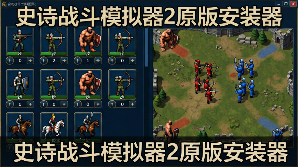 一张展示史诗战斗模拟器2原版安装器中多兵种部署界面的图片,画面采用俯视角度,屏幕上排列着步兵、弓箭手、巨人、骑兵等多种兵种图标,每个图标下方有数量选择按钮,战场预览区域显示红蓝双方单位分布,界面风格简洁直观,配色以深蓝和金色为主,画面中文字标注“史诗战斗模拟器2原版安装器”,画质清晰,布局整齐,无多余装饰