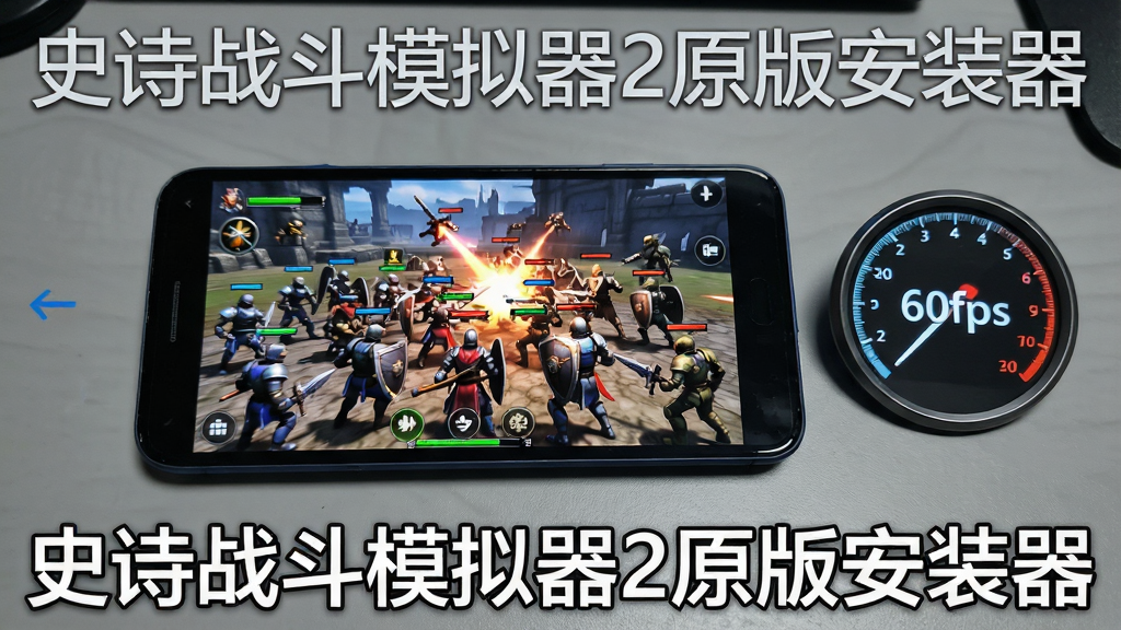 一张展示史诗战斗模拟器2原版安装器在低配置手机上流畅运行的图片,画面中一部普通安卓手机横向放置,屏幕上显示游戏战斗画面,画面中多个单位正在混战,手机旁边有一个速度仪表盘显示60fps字样,背景是简单的灰色桌面,整体风格简洁科技感,画面中文字标注“史诗战斗模拟器2原版安装器”,画质清晰,无杂乱元素